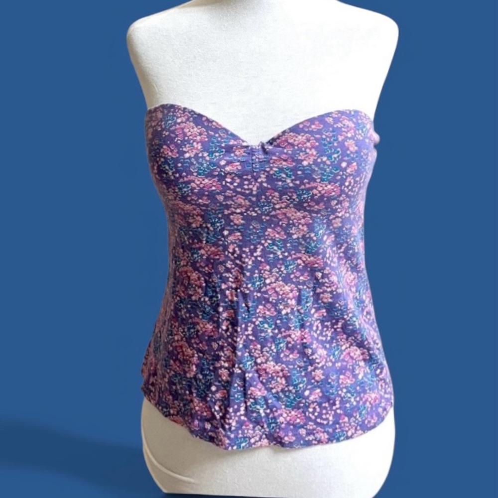 LEI Cotton Halter Top Size Large Strapless Floral Purple Pink Blue